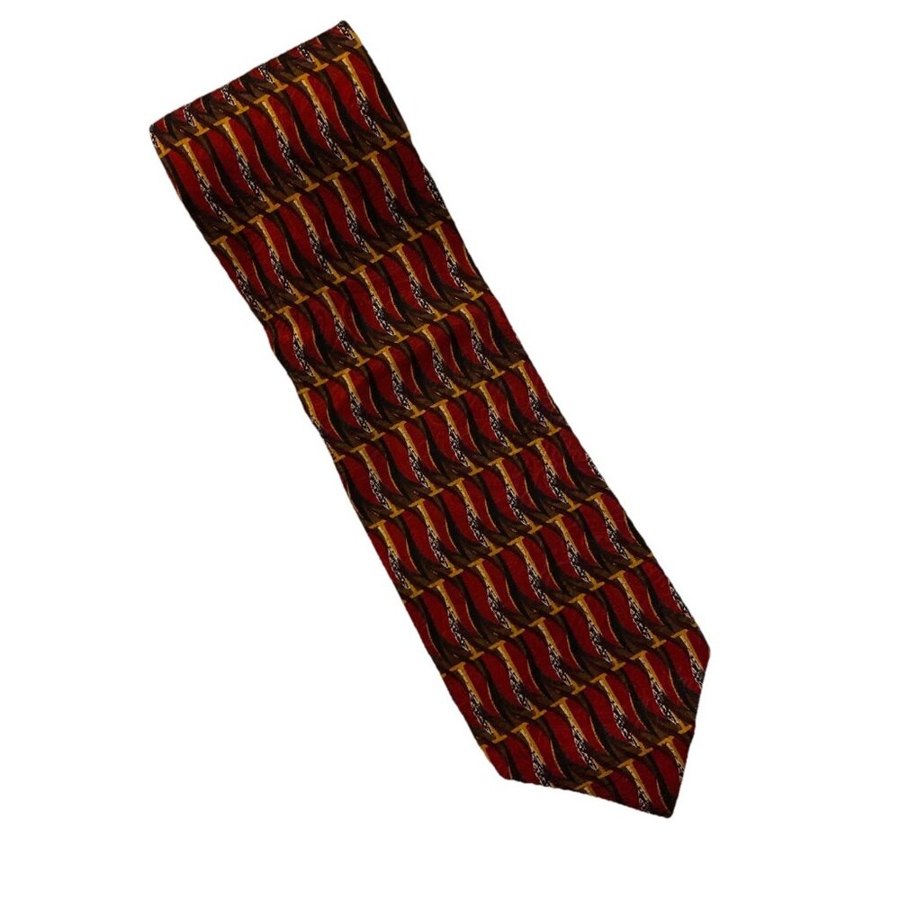 Vtg J.Z. Richards Necktie Abstract Foulard  Burgundy Gold Black 100% Silk 60x4